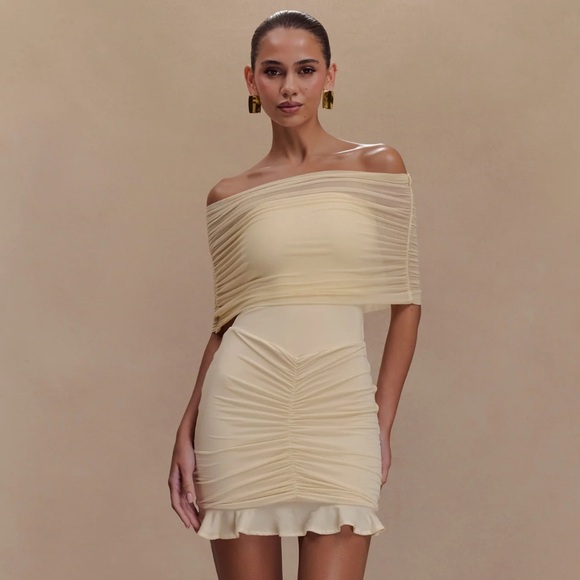 Meshki Dresses & Skirts - NWT Meshki Caspian Slinky And Mesh Off Shoulder Mini Dress - Ivory